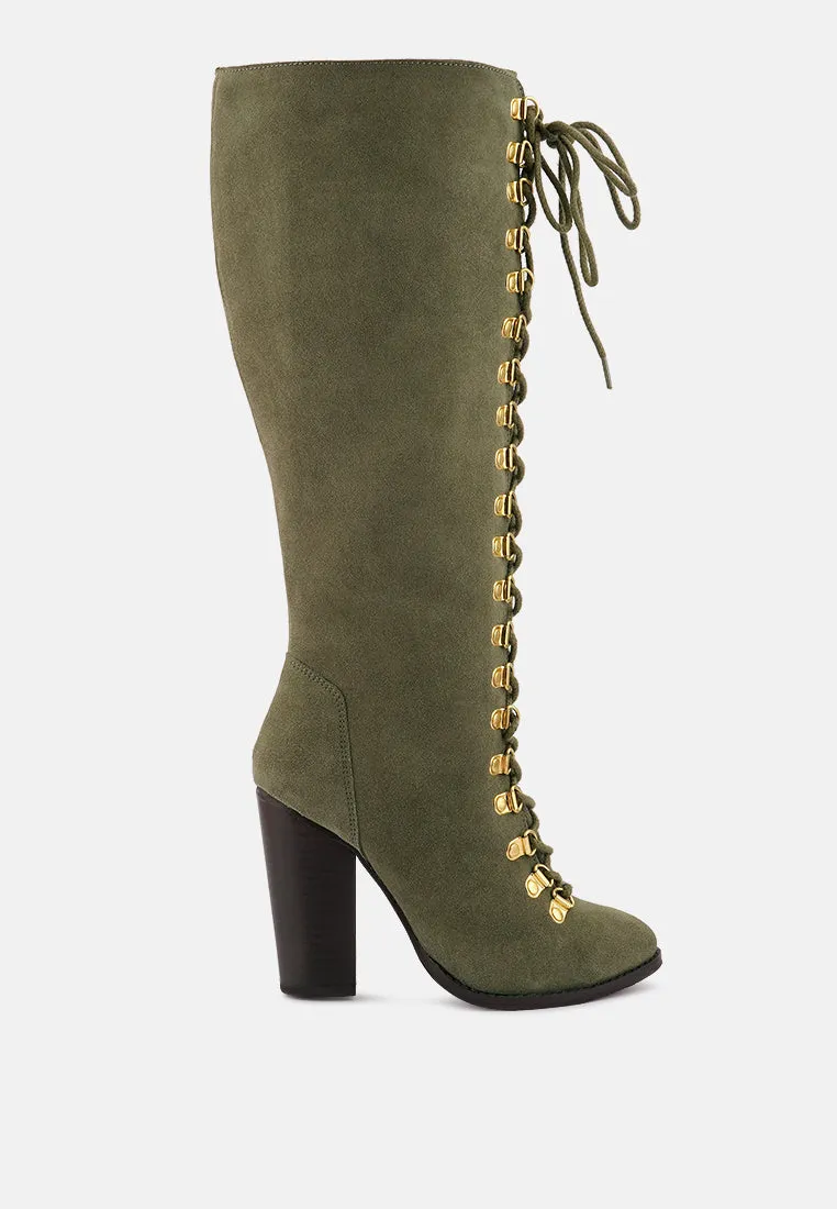 STREET-SLAY Antique Eyelets lace up Knee Boots In Olive