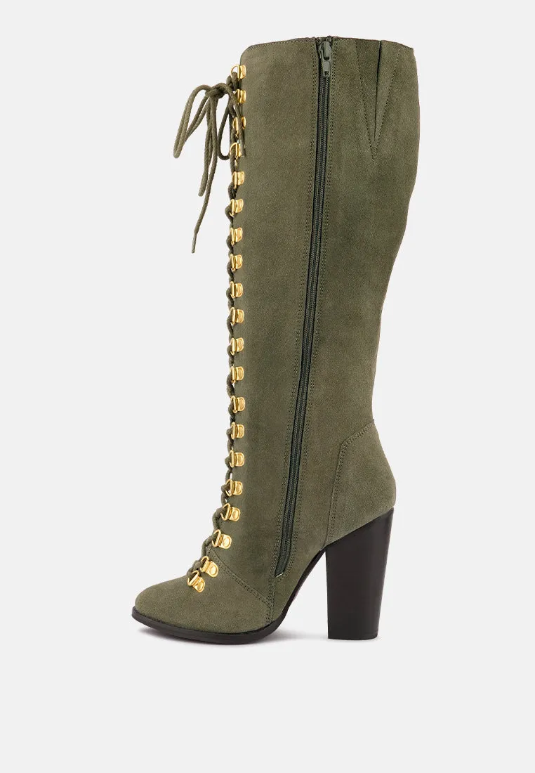 STREET-SLAY Antique Eyelets lace up Knee Boots In Olive