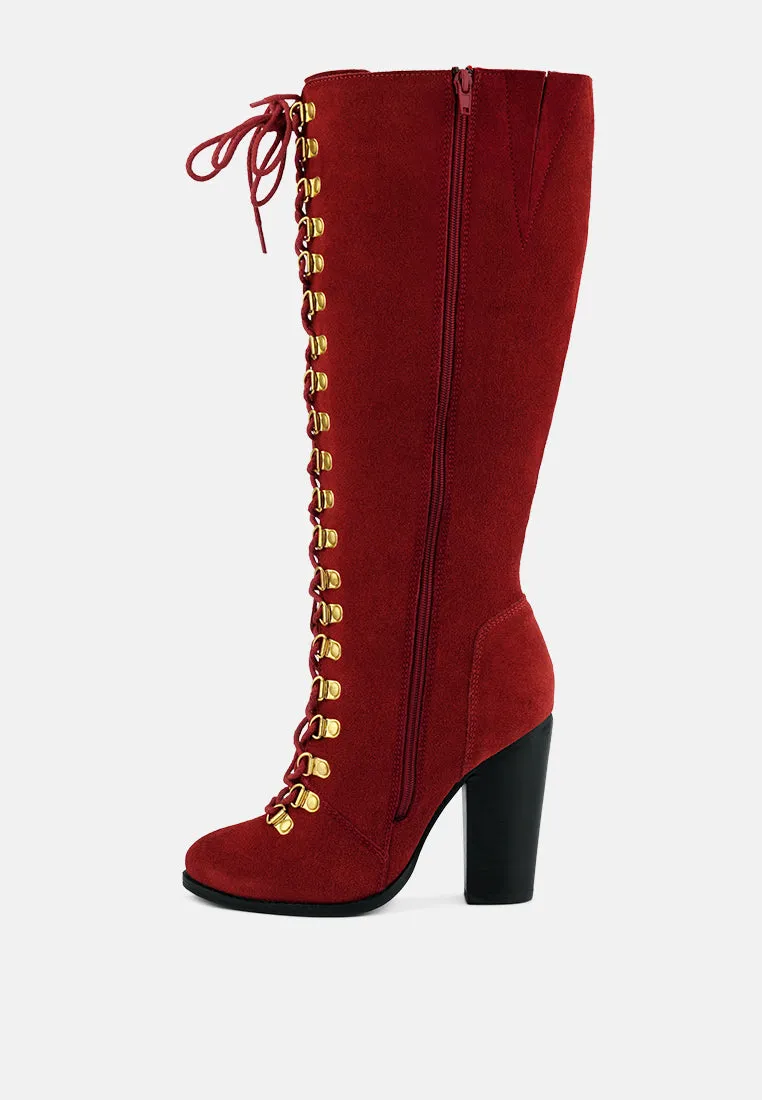 STREET-SLAY Antique Eyelets lace up Knee Boots In Red