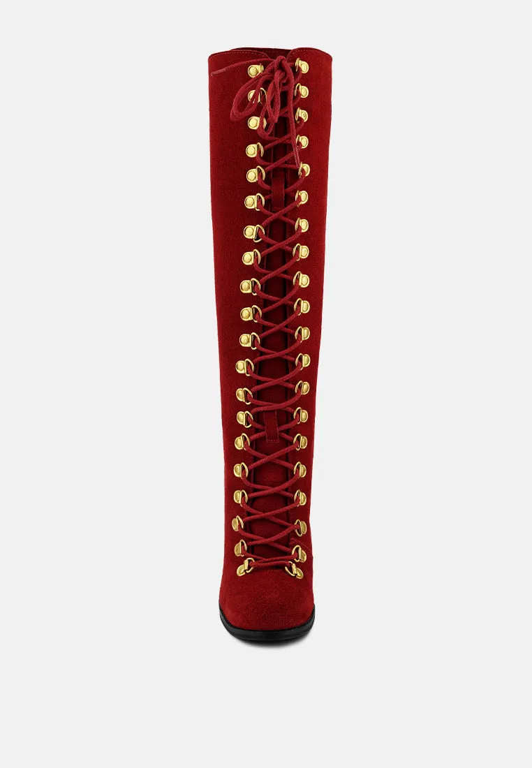 STREET-SLAY Antique Eyelets lace up Knee Boots In Red