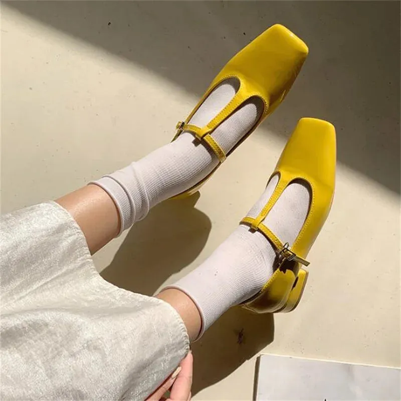 TAVIMART  -  New Square Toe Candy Color Mary Jane Patent Leather Shallow Mouth Flat Women's Shoes Casual T-Buckle Flats Ladies Shoes Zapatos