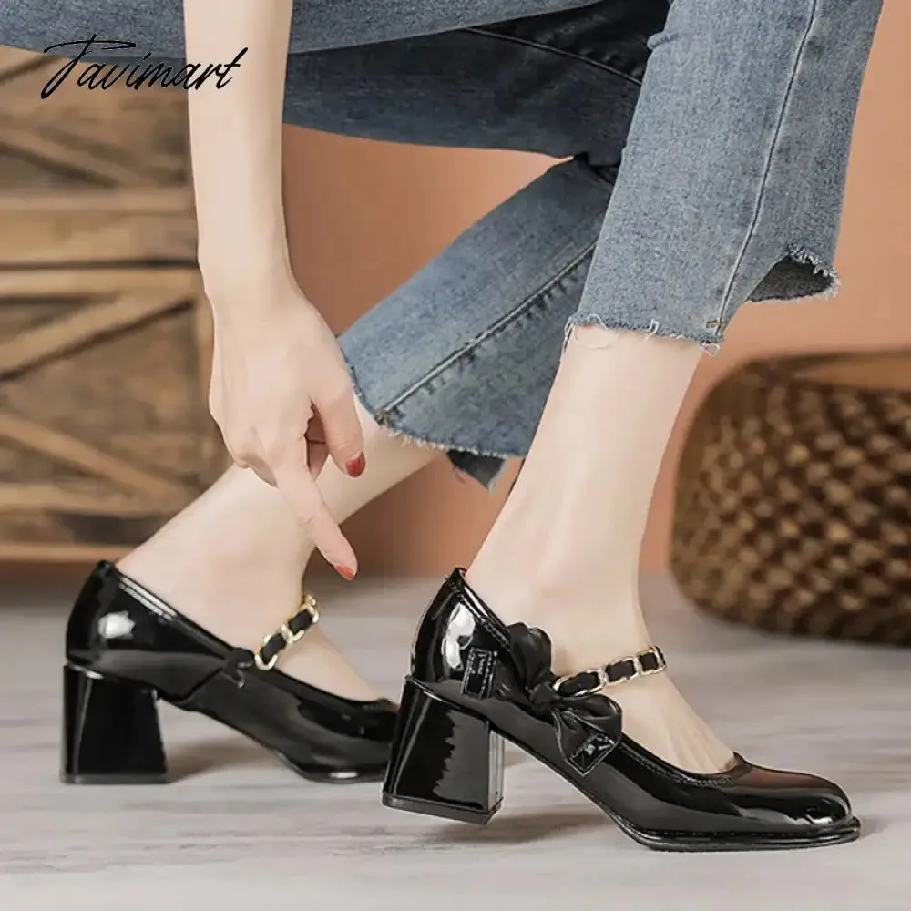 TAVIMART -  New Women's Mary Jane Shoes Patent Leather Dress Shoes Chain Bow Wedding Shoes Vintage Mid Heels Pumps Office Ladies Shoes 9732N