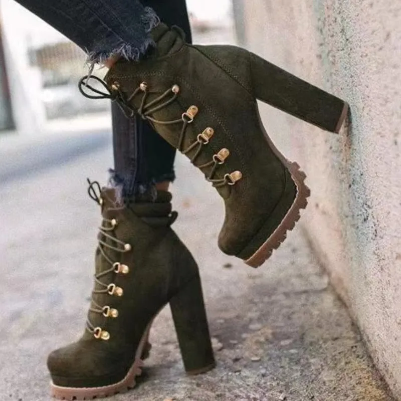 Thanksgiving  Amozae  New Women's  Boots Fashion Lace-Up Rivets Chunky High Heels Solid Casual Platform Comfort Ankle Boots Bota De Inverno