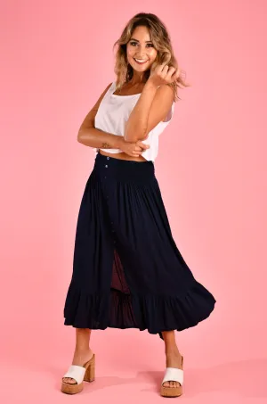 VGLK050 - ROUCHED SKIRT WITH BUTTON DETAIL - NAVY