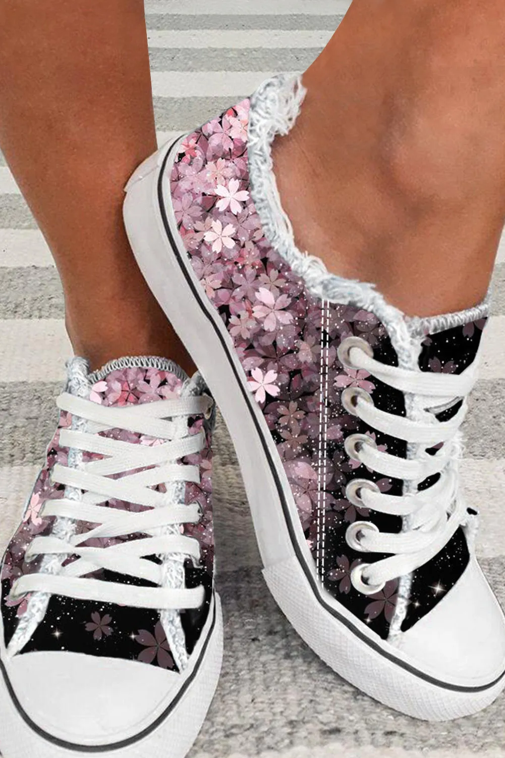 Womens Canvas Shoes Sakura Floral Print Lace up Casual Sneakers